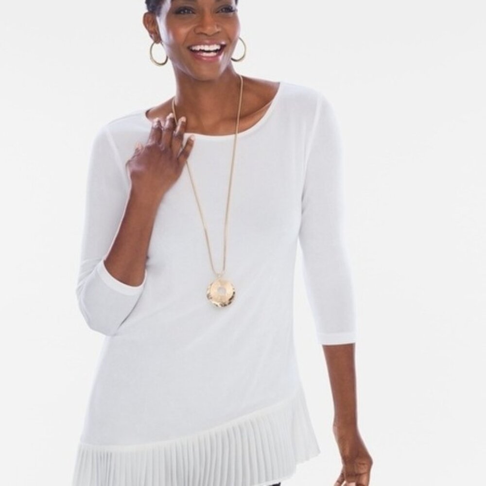 Chicos Travelers White Asymmetrical Stretch Pleated Peplum Top Size OOP US 0/2P
